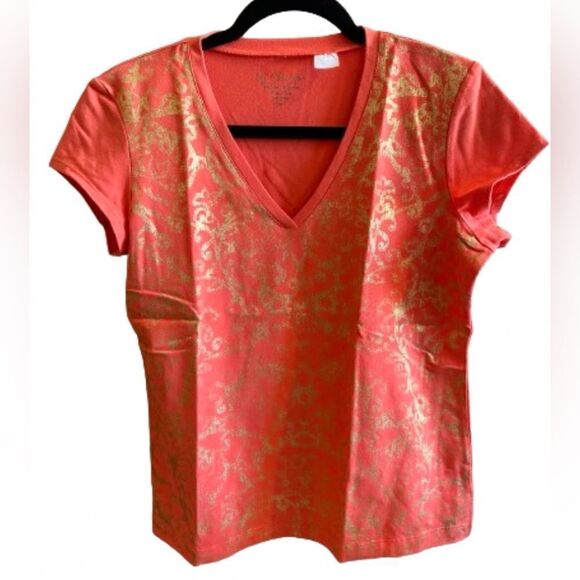 Chico’s Orange & Gold Print Shirt Size Medium - Picture 2 of 8